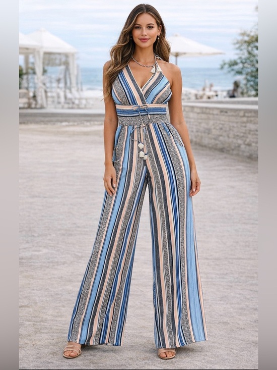 VENUS Pants - VENUS Blue & Cream Striped Halter Jumpsuit